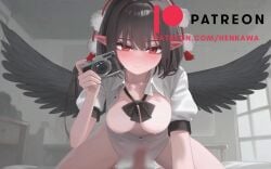 1boy animated audible_speech bird_wings black_hair black_wings blackmail blinking blush breasts breasts_out camera censored clothed_sex clothing cowgirl_position cum cum_in_pussy cum_inside cum_overflow ejaculation evil_smile female geta girl_on_top hat henkawa holding holding_camera huge_breasts japanese_audio large_breasts live2d looking_at_viewer moaning mountain_of_faith nipples open_mouth penis pov pussy red_eyes red_hat riding sex shameimaru_aya shirt short_hair smile solo_focus sound spread_legs straddling straight subtitled sweat tagme taking_picture tengu-geta thighs threat threatening_words tokin_hat touhou vaginal_penetration video white_shirt wings