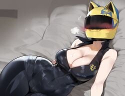 ai_generated big_breasts biker biker_girl bodysuit breasts celty_sturluson cleavage durarara!! girl helmet hi_res high_resolution highres hollowbeak huge_breasts light-skinned_female no_face ripped_clothing skin_tight skintight skintight_bodysuit tagme