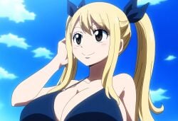 ai_generated blonde_hair breasts cleavage day daytime fairy_tail female huge_breasts looking_ahead lucy_heartfilia mullon novelai smile solo top_heavy