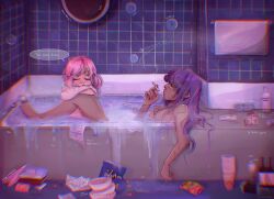 2girls bath bathing bathing_together bathtub dialogue doki_doki_literature_club drunk female female_only glasses human multiple_girls natsuki_(doki_doki_literature_club) nude pink_hair purple_hair smoking text wormy_gums yuri yuri_(doki_doki_literature_club)