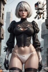 ai_generated auravirus big_hips clothed determined female female_focus female_only gloves hips looking_at_viewer nier:_automata panties serious serious_face serious_look street tearing_clothes white_hair white_panties yorha_2b