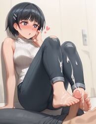 1girl1boy ai_generated autismmix_pony(model) black_eyes black_hair brabgag cum cum_on_clothes cum_on_feet cum_on_leg ejaculation faceless_male foot_fetish foot_focus footjob hands_on_face heart-shaped_pupils jeans kirigaya_suguha looking_pleasured ripped_clothing ripped_pants sleeveless sword_art_online white_sweater