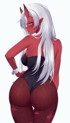 akumi big_ass big_breasts bunny_girl bunnysuit female horns oni oni_horns piercing red_skin scars virtual_youtuber vyugen white_hair yellow_eyes