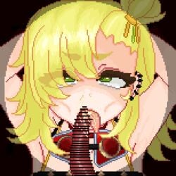 1boy 1girls angry_dragon arms_behind_head blonde_hair cum cum_in_mouth disgusted ear_piercing fellatio femsub green_eyes huge_cock katharsis maledom open_mouth pig pig_penis piper_wheel pixel_art short_hair tongue tongue_out zenless_zone_zero zoophilia