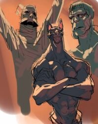 3boys frankenstein frankenstein’s_monster lambrey male monsters mummy partially_colored shirtless_male sketch werewolf white_background