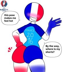 1girls artist_request countryhumans countryhumans_girl dialogue euro2016 fat_butt football football_uniform france_(countryhumans) large_ass large_butt large_thighs