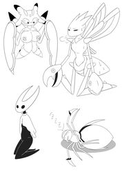 2girls ambiguous_gender antennae anthro anthrofied breasts covered_nipples crossover hollow_knight hornet_(hollow_knight) insect kneeling kumo_desu_ga_nani_ka? kumoko lurantis mantis monochrome naked nintendo pokémon_(species) pokemon pokemon_sm scizor sleeping spider sweat taratect white_background wide_hips