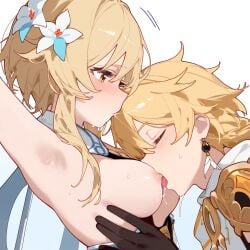 1boy 1girls aether_(genshin_impact) ai_generated blonde_hair breast_lick breast_licking breast_sucking brother_and_sister genshin_impact horny_female incest lumine_(genshin_impact) mihoyo pleasure_face sex straight unknown_artist