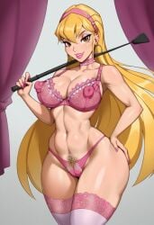 1girls 4kids_entertainment ai_generated bimbo blonde_hair kunaboto_(style) lingerie nickelodeon pubic_hair pubic_hair_peek rainbow_(animation_studio) stella stella_(winx_club) whip winx_club