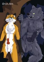 absurd_res anthro balls big_balls bodily_fluids canid canine canis claws dominant dominant_anthro dominant_male duo erect_nipples erection forest fox fur genital_fluids genitals glowing glowing_eyes grey_body grey_fur grey_penis hi_res imminent_sex knot knotted_penis male male/male mammal mythological_canine mythological_creature mythology night nipples penis penis_size_difference plant precum public public_nudity red_penis scared size_difference snarling standing sys_bps tree were werecanid werecanine werewolf wolf