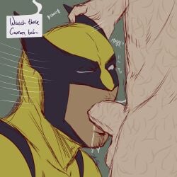 2boys blowjob blowjob_handles deadpool deadpool_&_wolverine_(2024) english_text erection facial_hair fellatio gay male male_only marvel marvel_comics mask oral penis roysmilkers wolverine_(x-men) x-men yaoi