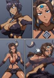 2girls alternate_costume awilix_(smite) babylonian_mythology big_breasts black_hair brown_hair dark-skinned_female dark_skin deity feline_fashion_awilix female_only goddess hi-rez_studios ishtar_(smite) khear middle_eastern_mythology mythology public_domain punch smite