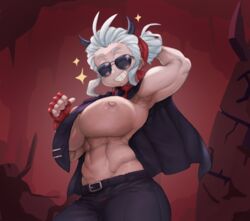 1girls abs aviator_sunglasses big_breasts cave demon demon_girl exposed_breasts eyebrows female female_focus female_only fingerless_gloves flexing gloves helltaker horns huge_breasts jacket justice_(helltaker) looking_at_viewer messy_hair monkeywithaafro muscular_female naughty_face necktie nipples one_arm_up ponytail raised_arm rocks seductive seductive_smile smile sparkle sunglasses thumbs_up tie tied_hair tinted_eyewear topless white_hair