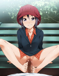 arm_support barefoot bench black_eyes black_hair censored feet female footjob hat human idolmaster kaiga looking_at_viewer makoto_kikuchi male mosaic_censoring no_panties penis sitting straight toes