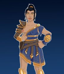 armor big_lips black_hair breasts dedgenerate exposing_breast exposing_nipple female fenyx greek_female greek_mythology immortals:_fenyx_rising orange_eyes partially_clothed ubisoft