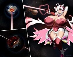 angel_wings bodysuit breasts destruction dgenerate9 energy_wings female giantess gloves grey_hair heart heart_symbol huge_breasts laser macro nipples_visible_through_clothing pink_eyes planet senki_zesshou_symphogear solo stockings yukine_chris