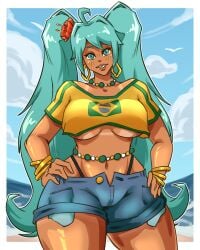 1girls ass beach big_ass big_breasts big_thighs bracelet brazil brazilian brazilian_female brazilian_miku breasts comic cyan_eyes cyan_hair english_text female female_only hatsune_miku huge_ass huge_thighs large_breasts latin_american_hatsune_miku_(meme) localtownsimp long_hair looking_at_viewer mikuart navel shirt shorts solo tagme tan tan_body thick_hips thick_thighs thighs thong twintails vocaloid yellow_shirt