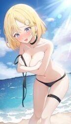 beach belt bikini black_belt black_bikini black_choker blonde_hair blue_eyes blue_sky blush breasts chahanramen choker cleavage cloud collarbone commission covering_breasts covering_privates day female hair_ornament highres hololive hololive_english horizon large_breasts mole mole_on_breast navel ocean open_mouth outdoors palm_tree sand short_hair sky solo stomach sweatdrop swimsuit thigh_belt thigh_strap tree virtual_youtuber watson_amelia