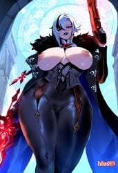 ai_generated arlecchino_(genshin_impact) curvy_figure evilkuro05 genshin_impact holding_weapon massive_breasts mature_female mihoyo_technology_(shanghai)_co._ltd. thiccwithaq_(ai_style) thick_hips thick_legs thick_thighs voluptuous_female wide_hips