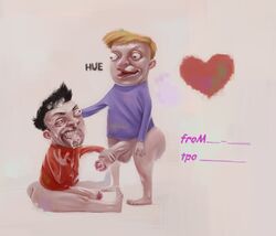 2boys black_hair blonde_hair bottomless brothatslewd clothing cum cum_on_face facial_hair gay heart hella_jeff holding_penis homestuck male male_only ms_paint_adventures penis penis_size_difference realistic retracted_foreskin short_hair sweet_bro sweet_bro_and_hella_jeff text uncut valentine's_day veiny_penis white_skin zaagn