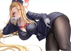 black_hat black_pantyhose black_skirt blonde_hair blue_archive blue_eyes breasts cleavage closed_mouth collared_shirt feet_out_of_frame female gloves halo hat large_breasts long_hair long_sleeves looking_at_viewer multicolored_hair oerba_yun_fang official_alternate_costume pantyhose pina_(blue_archive) pina_(guide)_(blue_archive) pink_halo red_hair shirt simple_background skin_fang skirt smile solo stone_(ksorede) streaked_hair tour_guide white_background white_gloves white_shirt