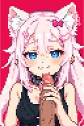 1boy :3 animal_ear_fluff animal_ears bangs black_shirt blue_eyes blush breasts cat_ears closed_mouth collar extra_ears fellatio female hair_between_eyes hair_ornament long_hair looking_at_viewer mosaic_censoring oral penis penis_grab pink_hair pixel pixel_(artwork) pixel_art pixelated pixelated_penis red_background shirt simple_background smile smug smug_face sniff sniffing sniffing_penis solo_focus straight upper_body virtual_youtuber yumekomoore