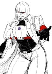 belt breast_plate clothed clothes clothing coat decepticon genderswap_(mtf) humanformers humanized megatron po112_g red_eyes rule_63 short_hair thight_clothing transformers transformers_one villain villainess white_hair