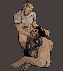 2boys ass avengers black_hair blonde_hair blush bucky_barnes captain_america captain_america_(series) closed_eyes facial_hair fellatio gay male male_only marvel oral penis pubic_hair sitting steve_rogers winter_soldier yaoi