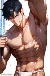 1boy abs ai_generated armpit_hair armpits bara biceps black_hair blue_eyes bulge fundoshi goldenfieldszho holding holding_sword holding_weapon japanese_clothes large_pectorals looking_at_viewer male_focus male_pubic_hair male_underwear manly muscular muscular_male navel navel_hair nipples pectorals pubic_hair short_hair smile solo solo_leveling sung_jin_woo sweat sword thick_arms topless_male underwear weapon wet