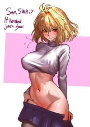 ahoge alternate_breast_size arcueid_brunestud ass big_breasts blonde_hair blushing breasts breasts_bigger_than_head color curvy dialogue english_dialogue english_text fukou_da_man grabbing grabbing_self hips holding holding_self huge_ass huge_breasts inviting large_breasts lips looking_at_viewer melty_blood midriff navel necklace nipple_bulge nipples_visible_through_clothing pantyhose pantyhose_down pantyhose_pull presenting red_eyes shapely short_hair skirt skirt_down skirt_pull smug sweater thick thick_legs thick_thighs top_heavy tsukihime tsukihime_(remake) tummy type-moon vampire vampire_girl wide_hips