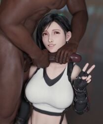 3d big_penis choking_with_penis clothed_female_nude_male cock_worship dark-skinned_male derpderp final_fantasy final_fantasy_vii final_fantasy_vii_remake huge_cock looking_at_viewer neckjob peace_sign penis_chokehold strangling_with_penis tifa_lockhart