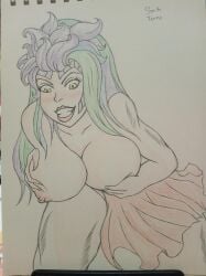 1girls bent_over big_breasts blush european_mythology goddess green_hair hi-rez_studios holding_breasts huge_breasts mega_milk meme multicolored_hair mythology nghiluu nude purple_hair roman_mythology sketch smite terra_(smite)