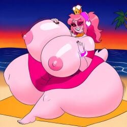 ai_generated bare_breasts beach cartoon_network headphones holding_breast huge_ass hyper_breasts miss_heed_(villainous) nail_polish palm_tree pink_hair ponytail princesslady94 small_feet sunglasses sunset teasing_viewer villianous