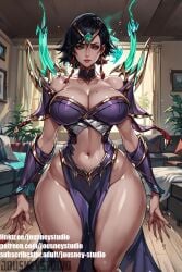 ai-created ai_generated armor bangs bare_shoulders bed bedroom black_hair breasts brown_eyes cleavage clothing clothing_cutout detached_collar dress earrings english_text female female_only fingernails indoors jewelry jousneystudio karma_(league_of_legends) large_breasts league_of_legends lips long_fingernails looking_at_viewer mole mole_on_breast mole_under_eye navel navel_cutout parted_lips pelvic_curtain plant revealing_clothes short_hair shoulder_armor solo standing strapless strapless_dress swept_bangs tassel thick_thighs thighs wide_hips window