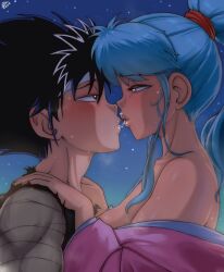 1boy 1girls bare_shoulders blue_hair botan hiei imminent_sex kimono kissing partially_clothed ponytail randomboobguy romantic saliva saliva_string stars straight yu_yu_hakusho