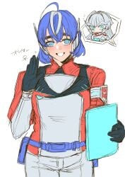 belt blue_eyes blue_hair blush clothed clothes clothing coat decepticon genderswap_(mtf) humanformers humanized larger_female megatron optimus_prime orion_pax po112_g rule_63 smaller_female thight_clothing transformers transformers_one white_hair white_streak