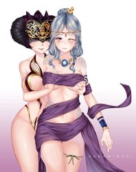 2girls alternate_costume amethyst_nu_wa asian_mythology black_hair cataxtrophyy chinese_mythology european_mythology goddess groping groping_breasts heartbreaker_nox hi-rez_studios light-skinned_female light_skin mythology nox_(smite) nu_wa_(smite) nude roman_mythology smite thick_thighs white_hair wide_hips yuri