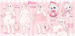 anthro ass belly big_belly big_breasts blue_eyes bodily_fluids breasts clothed clothing female front_view genitals glistening glistening_eyes gradient_hair hair hi_res huge_breasts humanoid_genitalia humanoid_pussy lactating looking_at_viewer nude overweight overweight_anthro overweight_female pink_clothing pink_hair pink_topwear pussy rear_view solo spottedtigress standing tiggybloom topwear white_body white_hair wide_hipped_anthro wide_hipped_female