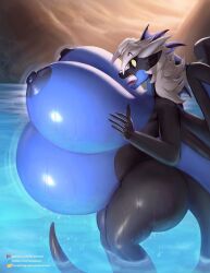 belly_inflation big_ass big_belly big_butt bloated_belly bloated_stomach bloated_tummy blue_body breasts dragon dragon_girl dragon_tail dragon_wings expanded_belly expansion female inflated_belly inflation inflation_fetish shocked_expression taranima wet