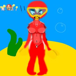 !! aquatic_animal astro_bot_(series) boxing_gloves breasts female octopus octopus_girl pussy red_pupils red_skin wako_tako