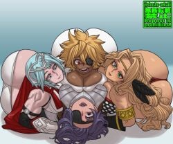 4girls amalia_(unicorn_overlord) amazon_(dragon's_crown) bed blonde_hair blue_hair character_request copyright_request dagr_(fire_emblem) dark-skinned_female dark_skin debonair_diamond dragon's_crown eyepatch female female_only fire_emblem huge_ass laying_on_back light-skinned_female multiple_girls muscular_female shosho_oekaki the_hunters_guild:_red_hood unicorn_overlord