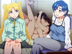 1boy 3girls ami_mizuno bishoujo_senshi_sailor_moon black_hair blonde_hair blue_hair cheating cheating_boyfriend closet clothes clothing color cuckquean double_bun female fucked_silly hair_bun human indoors kiss kissing large_breasts long_hair male mamoru_chiba mizuryuu_kei multiple_females naughty_face nude penetration pleasure_face rei_hino reverse_netorare sex short_hair skirt smooth_skin straight sweat usagi_tsukino