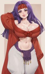 1girls ai_assisted ai_generated areola_slip bare_shoulders bimbo bimboports(ai) breasts crotchless cum cum_on_breasts eyeshadow female fire_emblem hand_behind_head headband loincloth long_sleeves looking_at_viewer navel purple_hair sanaki_kirsch_altina sleeves_past_wrists tagme thick_lips