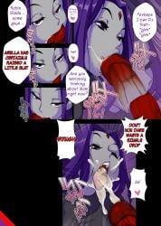 1boy 1girls blowjob comic dc_comics dialogue edit ejaculation father_and_daughter goth incest licking nisego purple_hair rachel_roth raven_(dc) red_skin sucking teen_titans trigon