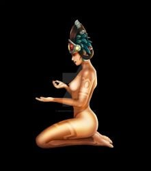 1girls awilix_(smite) goddess hi-rez_studios kneeling light-skinned_female light_skin mayan_mythology mesoamerican_mythology mythology nude pinup smite solo tattoo watermark