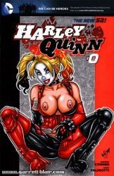 2014 batman_(series) blonde_hair boots breasts dc_comics female female_only fingering garrett_blair harley_quinn heels high_heel_boots human lipstick nipples solo tied_hair topless twintails