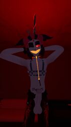 alastor_(hazbin_hotel) chocker cock_out harness holding_pole leash looking_at_viewer ready_to_fuck shirtless vrchat vrchat_avatar winking_at_viewer