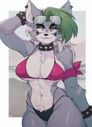 1girls abs awooga beach big_breasts bikini bikini_bottom bikini_top breasts crazysnuft eyewear_on_head female female_focus female_only five_nights_at_freddy's five_nights_at_freddy's:_security_breach hips roxanne_wolf_(fnaf) sunglasses tagme