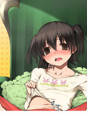 akagi_miria black_hair blush brown_eyes collarbone female highres idolmaster idolmaster_cinderella_girls long_sleeves navel ooji open_mouth pillow sex short_hair solo sweat tear tied_hair trembling twintails