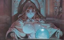 1girls big_breasts foresttherotten fortune_teller freckles hood magic_orb orb redhead robe sfw solo solo_female